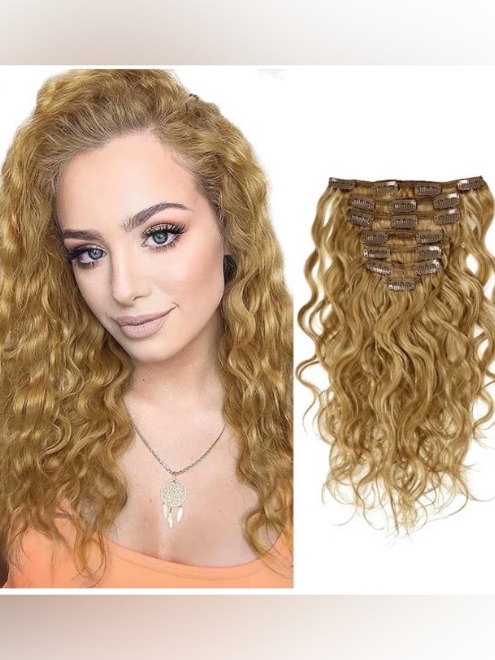 Curly Honey Blonde 20” Clip In Extensions 9A Human Hair Full Head 7 Pcs 120g #27